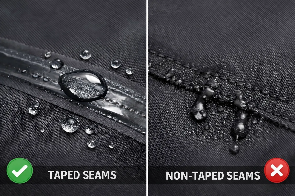 Waterproof taped seams with a comparison showing leaking non-taped seams